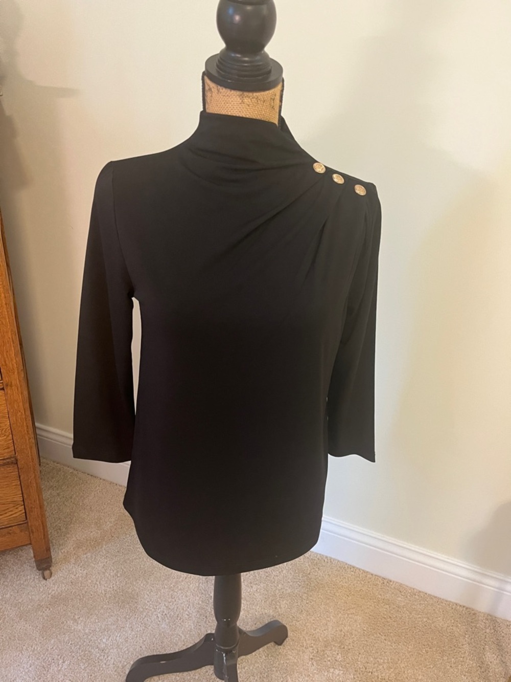 Cable & Gauge Black Mock Neck Long-Sleeve Top with Gold Buttons